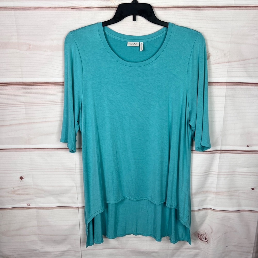 LOGO Lori Goldstein Top Womens XL Blue Hi Low T-Shirt Elbow Sleeve Round‎ Neck